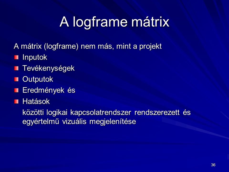 A logframe mátrix A mátrix (logframe) nem más, mint a projekt Inputok