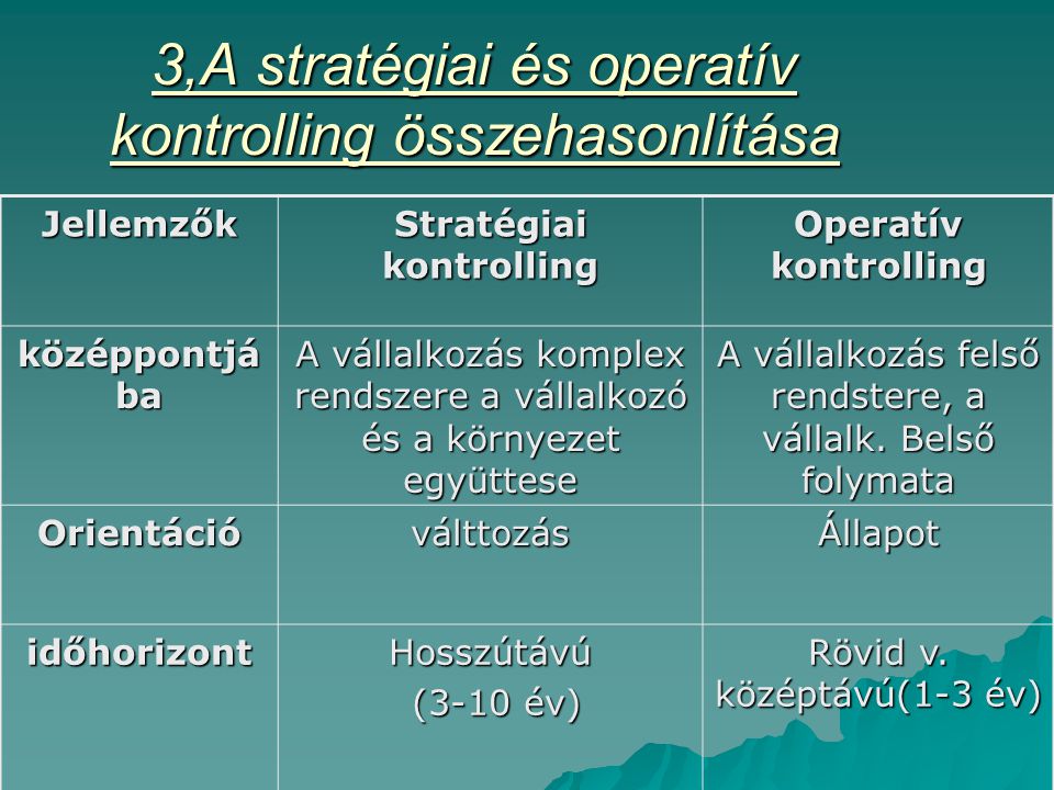 3,A stratégiai és operatív kontrolling összehasonlítása