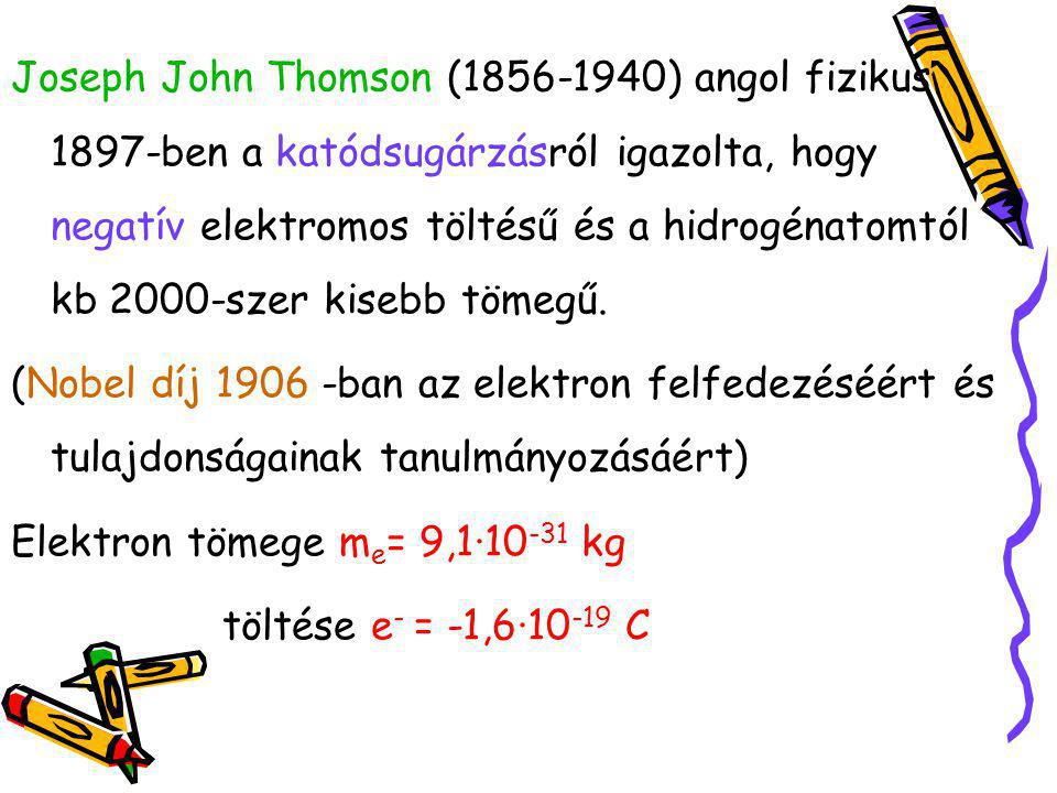 Joseph John Thomson ( ) angol fizikus 1897-ben a katódsugárzásról igazolta, hogy negatív elektromos töltésű és a hidrogénatomtól kb 2000-szer kisebb tömegű.