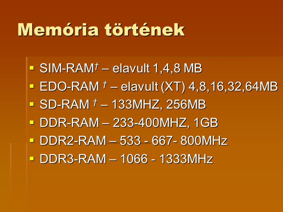 Memória történek SIM-RAM† – elavult 1,4,8 MB