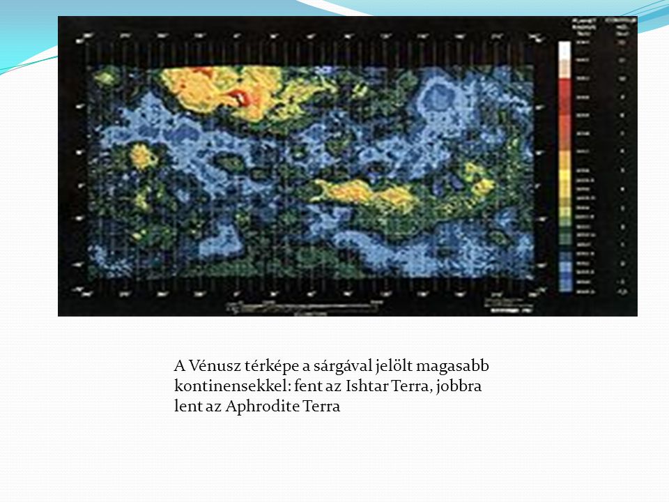 A Vénusz térképe a sárgával jelölt magasabb kontinensekkel: fent az Ishtar Terra, jobbra lent az Aphrodite Terra