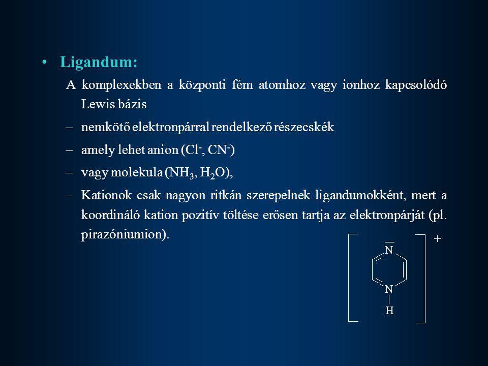 Ligandum: A komplexekben a központi fém atomhoz vagy ionhoz kapcsolódó Lewis bázis. nemkötő elektronpárral rendelkező részecskék.