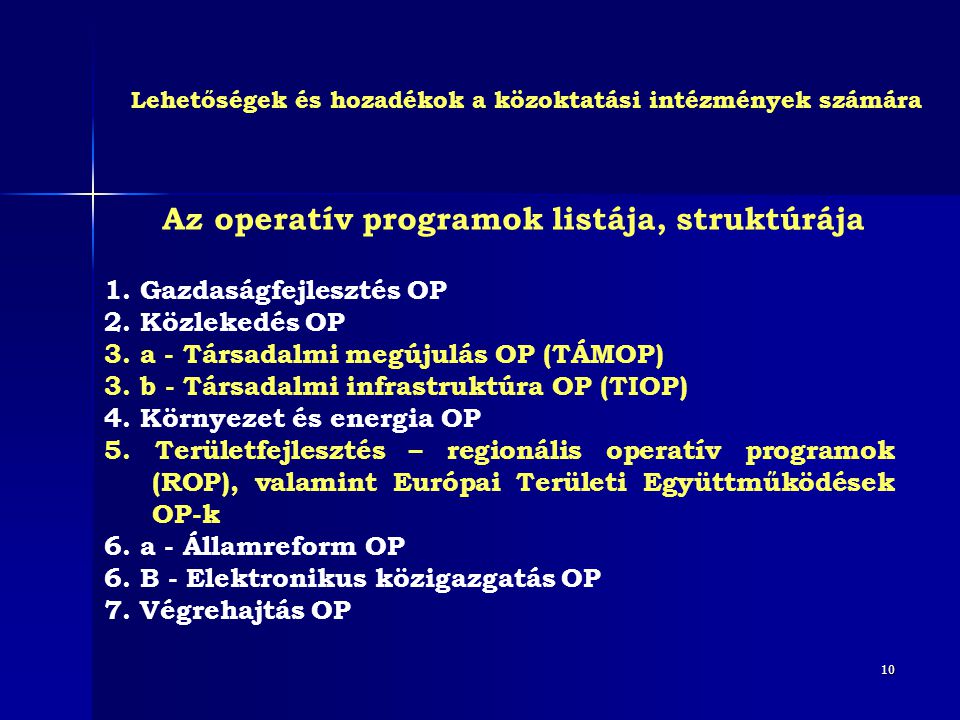 Az operatív programok listája, struktúrája