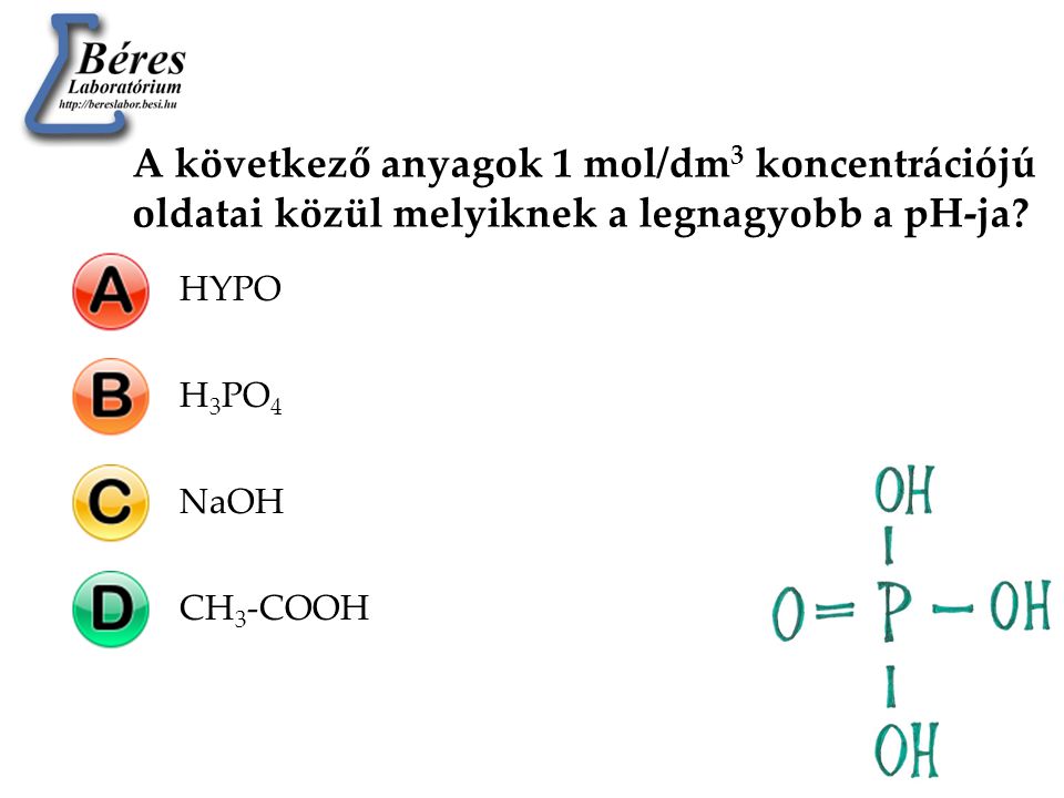 A következő anyagok 1 mol/dm3 koncentrációjú oldatai közül melyiknek a legnagyobb a pH-ja
