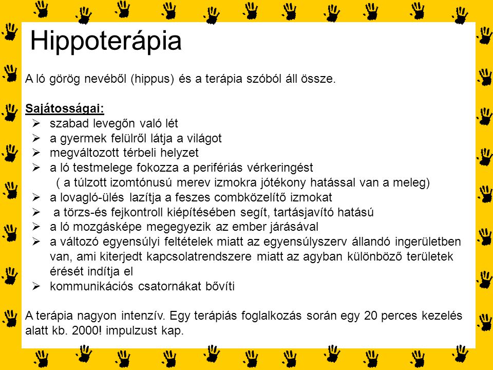 Hippoterápia A ló görög nevéből (hippus) és a terápia szóból áll össze. Sajátosságai: szabad levegőn való lét.