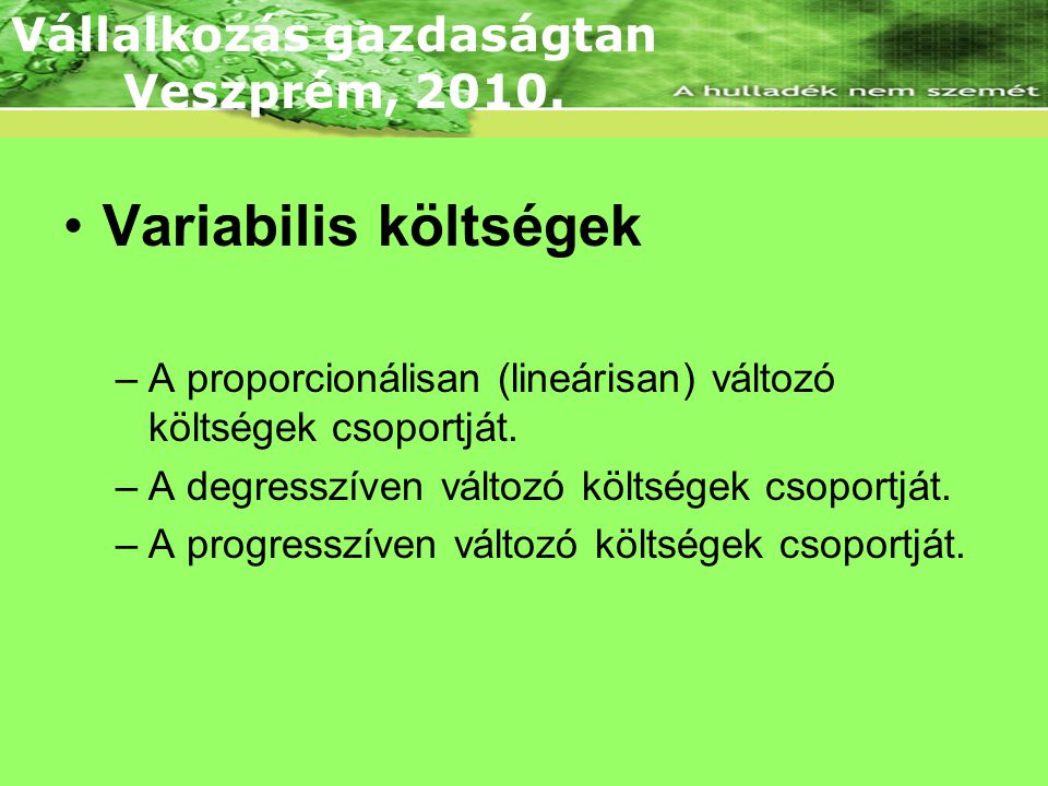 Variabilis költségek Vállalkozás gazdaságtan Veszprém, 2010.