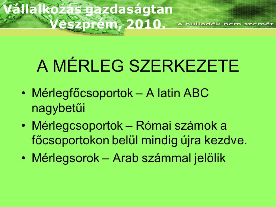 A MÉRLEG SZERKEZETE Vállalkozás gazdaságtan Veszprém, 2010.