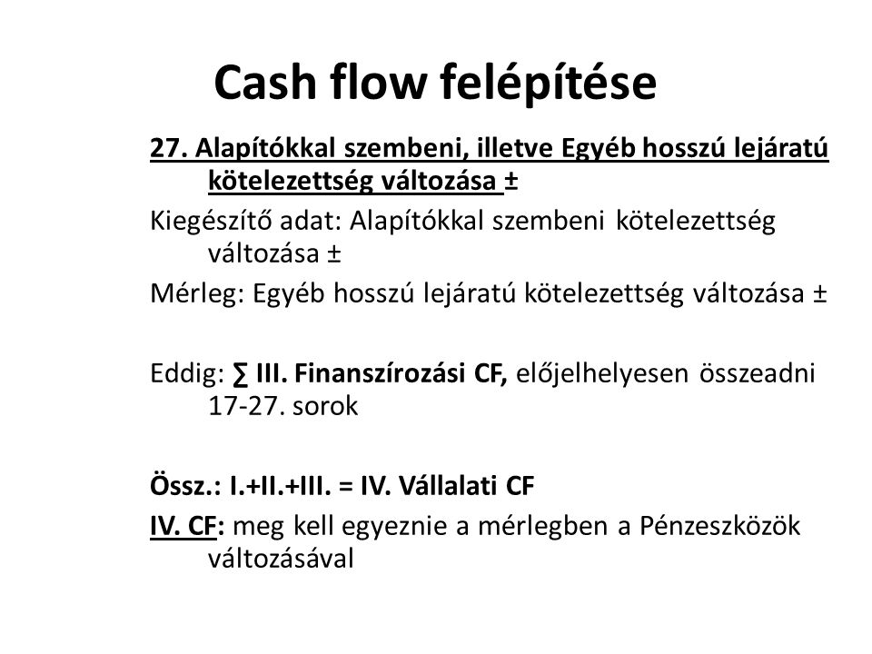 Cash flow felépítése 27. Alapítókkal szembeni, illetve Egyéb hosszú lejáratú kötelezettség változása ±