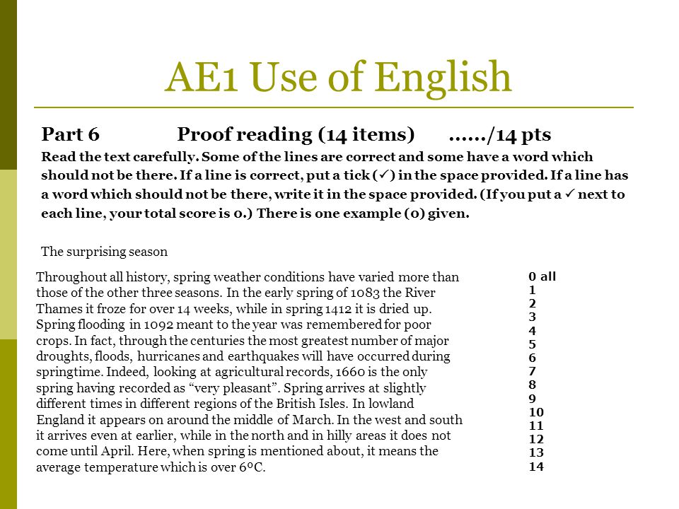AE1 Use of English Part 6 Proof reading (14 items) /14 pts