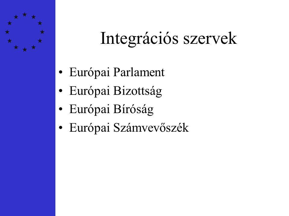 Integrációs szervek Európai Parlament Európai Bizottság