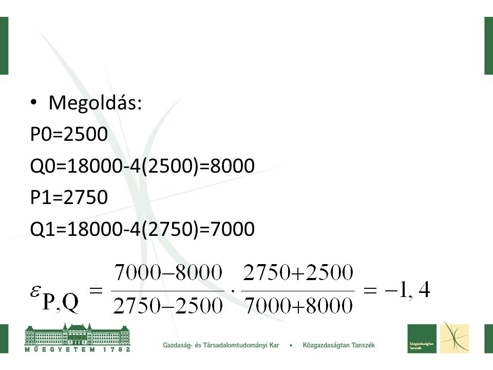 Megoldás: P0=2500 Q0= (2500)=8000 P1=2750 Q1= (2750)=7000