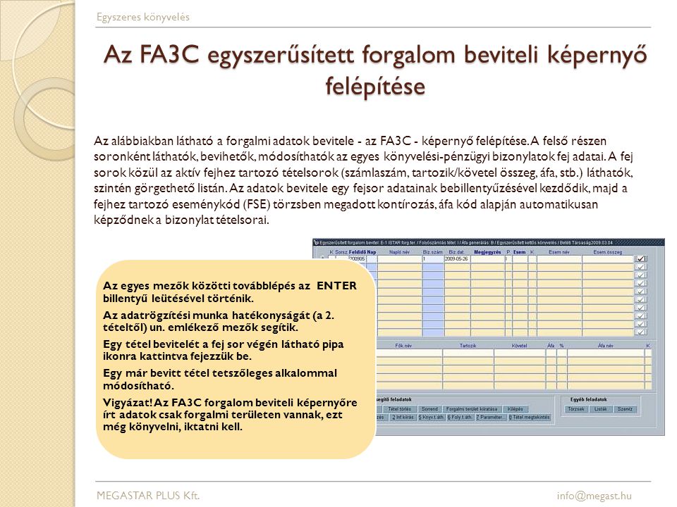Az FA3C egyszerűsített forgalom beviteli képernyő felépítése