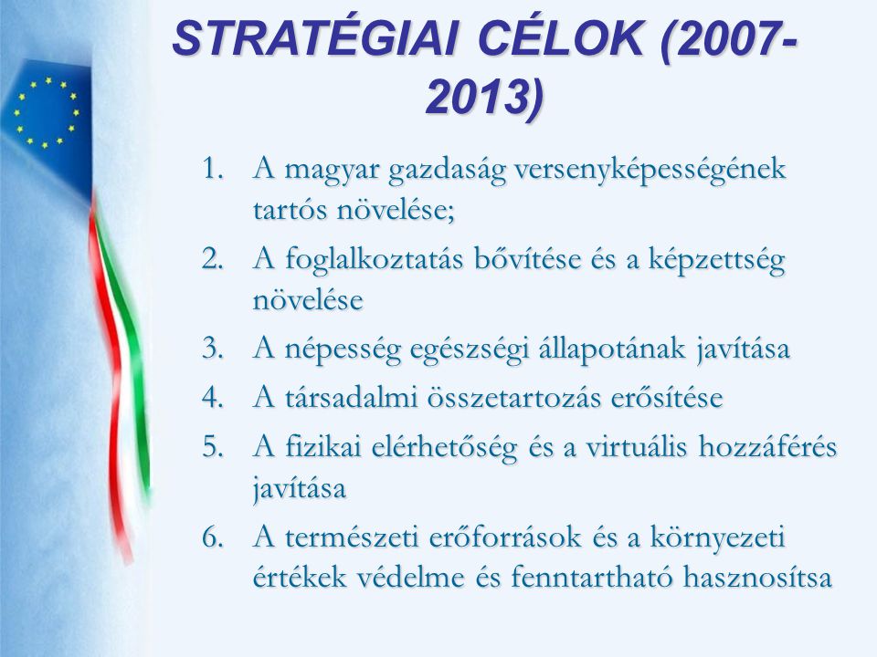 STRATÉGIAI CÉLOK ( ) A magyar gazdaság versenyképességének tartós növelése; A foglalkoztatás bővítése és a képzettség növelése.