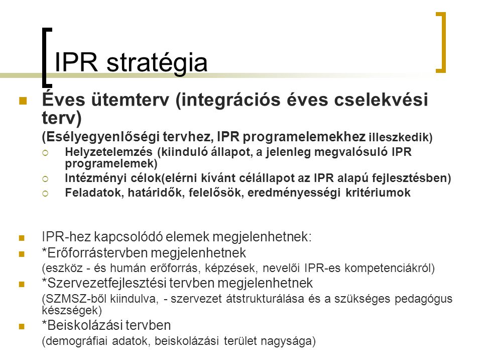 IPR stratégia Éves ütemterv (integrációs éves cselekvési terv)