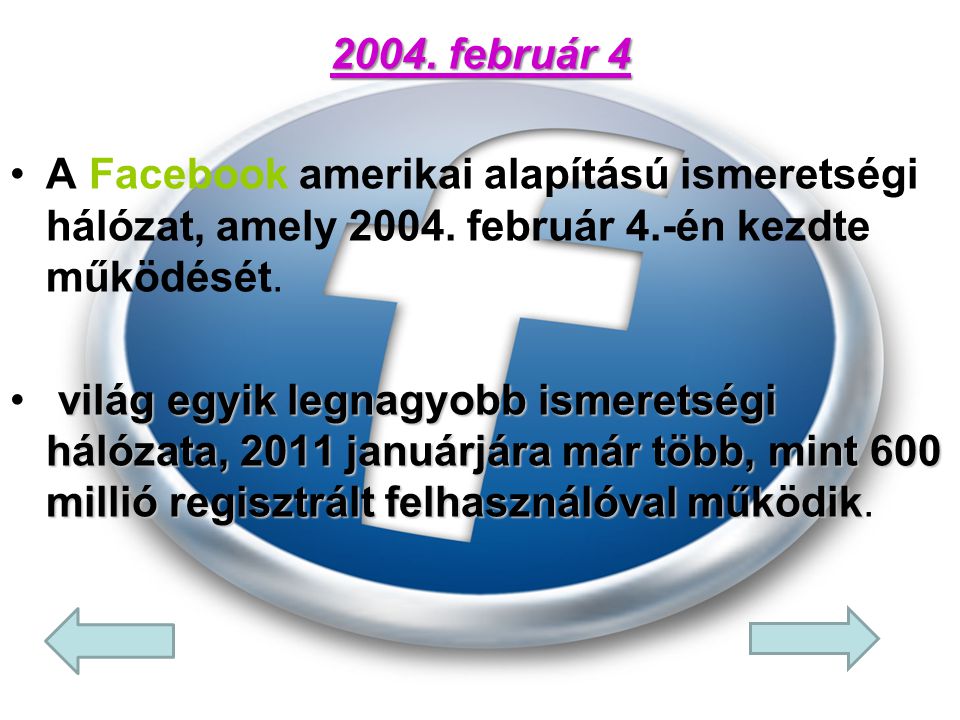 2004. február 4 A Facebook amerikai alapítású ismeretségi hálózat, amely február 4.-én kezdte működését.