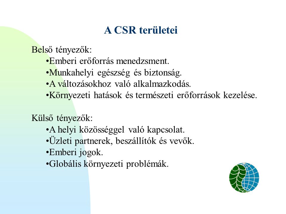 A CSR területei Belső tényezők: Emberi erőforrás menedzsment.