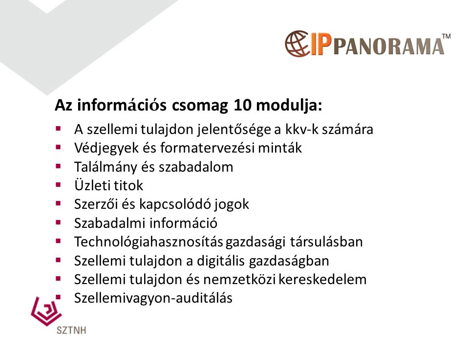 Az információs csomag 10 modulja: