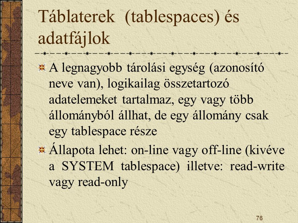 Táblaterek (tablespaces) és adatfájlok