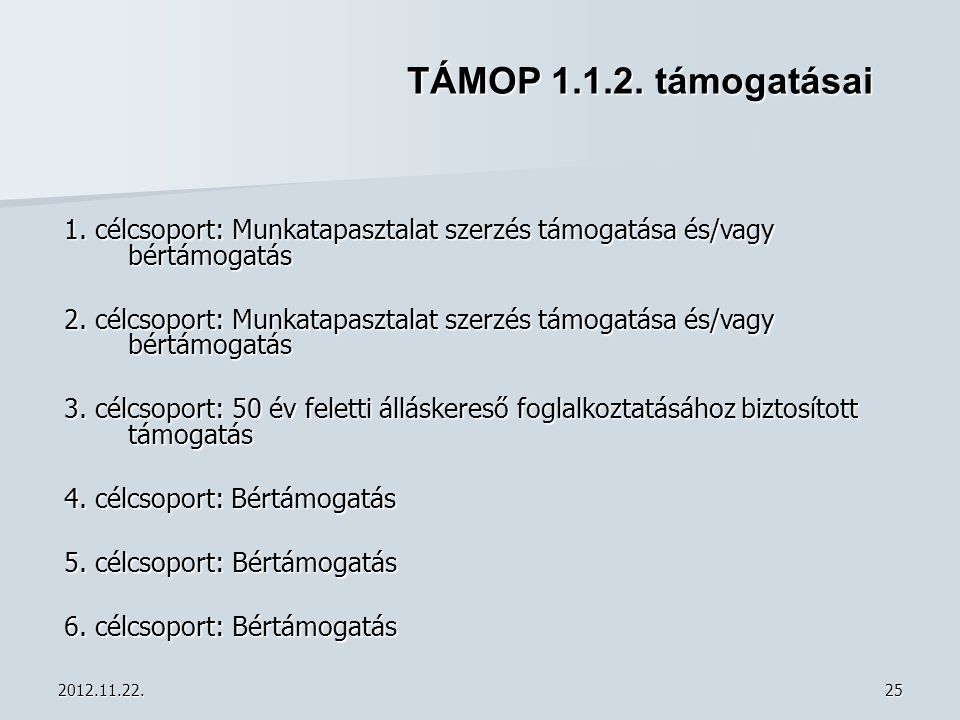 TÁMOP támogatásai 1. célcsoport: Munkatapasztalat szerzés támogatása és/vagy bértámogatás.