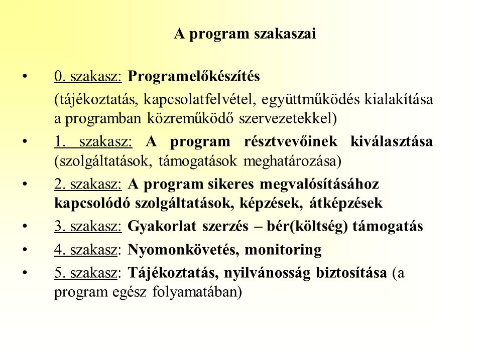 A program szakaszai 0. szakasz: Programelőkészítés.