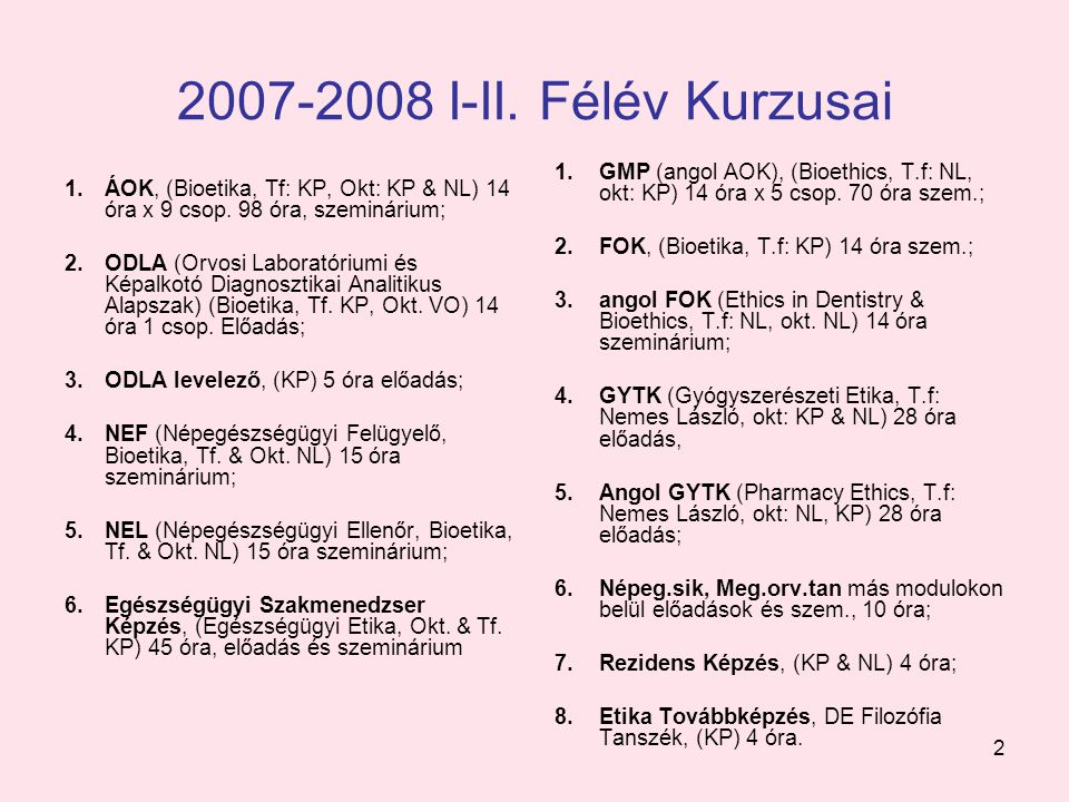 I-II. Félév Kurzusai GMP (angol AOK), (Bioethics, T.f: NL, okt: KP) 14 óra x 5 csop. 70 óra szem.;