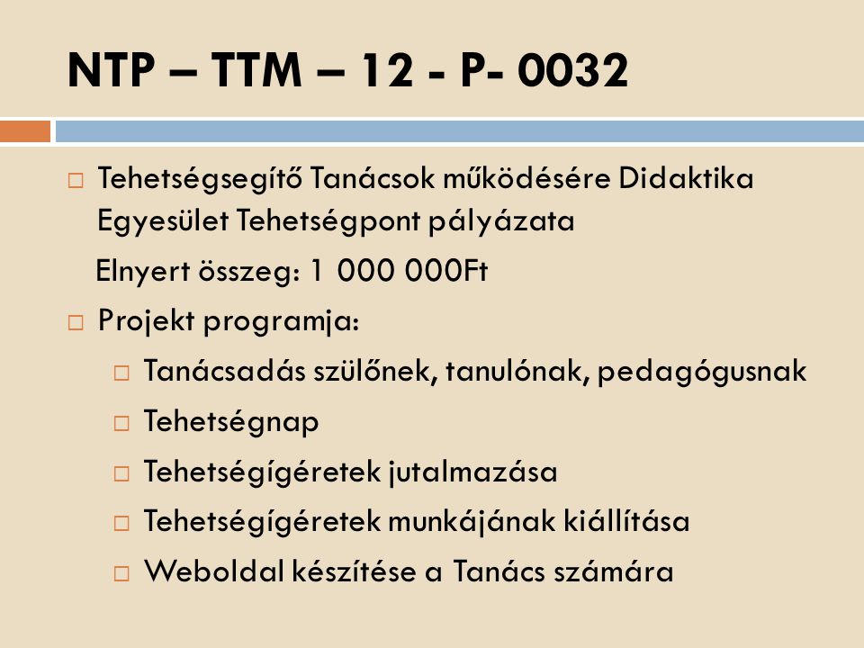 NTP – TTM – 12 - P Tehetségsegítő Tanácsok működésére Didaktika Egyesület Tehetségpont pályázata.