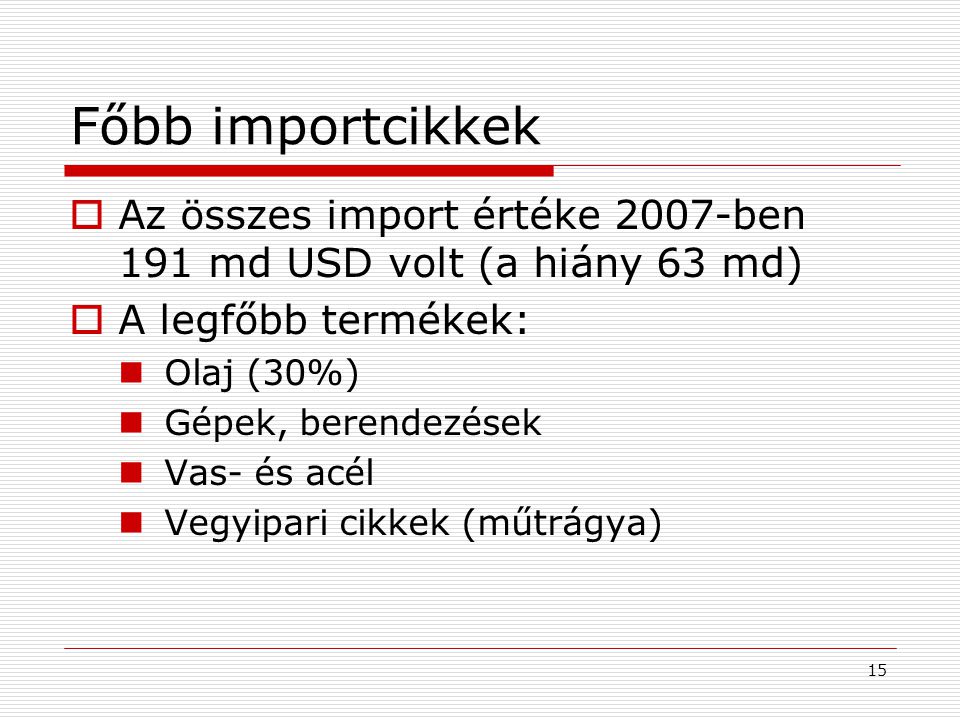 Főbb importcikkek Az összes import értéke 2007-ben 191 md USD volt (a hiány 63 md) A legfőbb termékek: