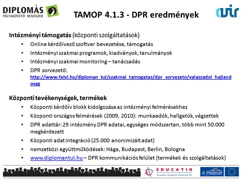 TAMOP DPR eredmények Intézményi támogatás (központi szolgáltatások) Online kérdőívező szoftver bevezetése, támogatás.