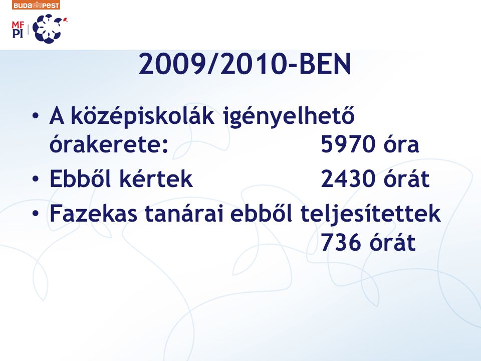 2009/2010-BEN A középiskolák igényelhető órakerete: 5970 óra