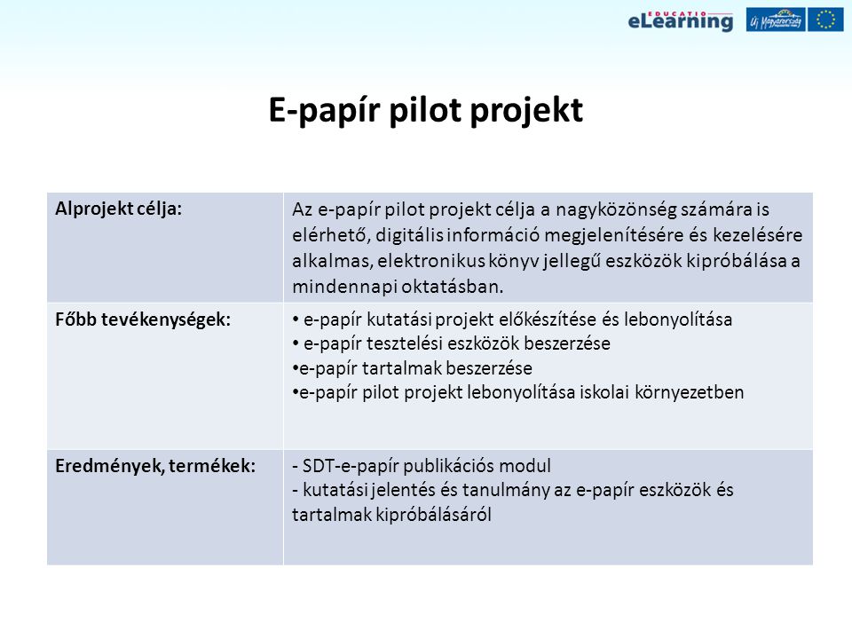 E-papír pilot projekt Alprojekt célja: