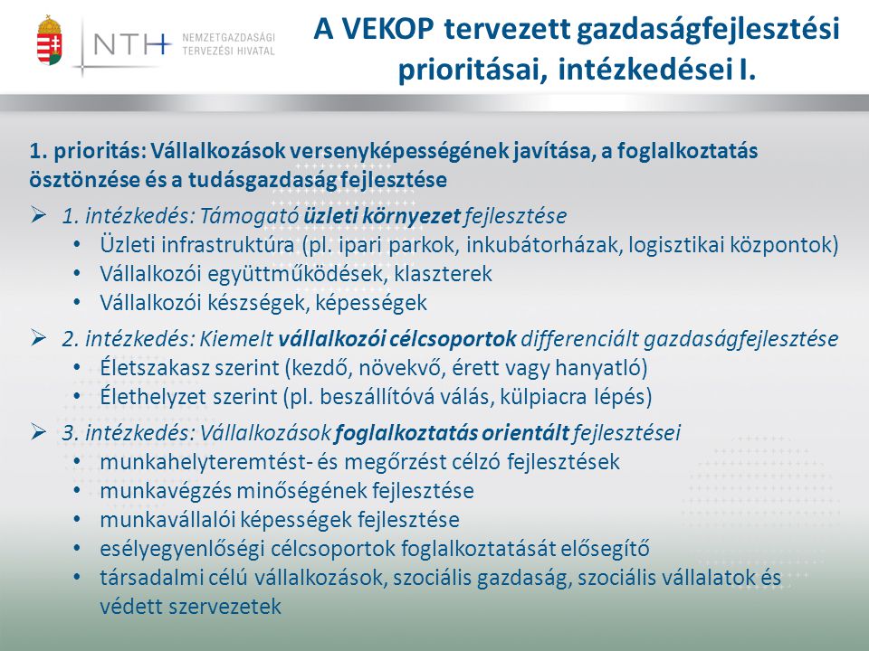A VEKOP tervezett gazdaságfejlesztési prioritásai, intézkedései I.