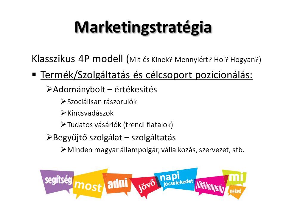 Marketingstratégia Klasszikus 4P modell (Mit és Kinek Mennyiért Hol Hogyan ) Termék/Szolgáltatás és célcsoport pozicionálás: