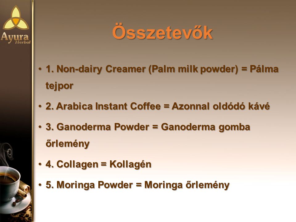 Összetevők 1. Non-dairy Creamer (Palm milk powder) = Pálma tejpor