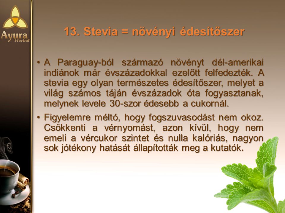 13. Stevia = növényi édesítőszer