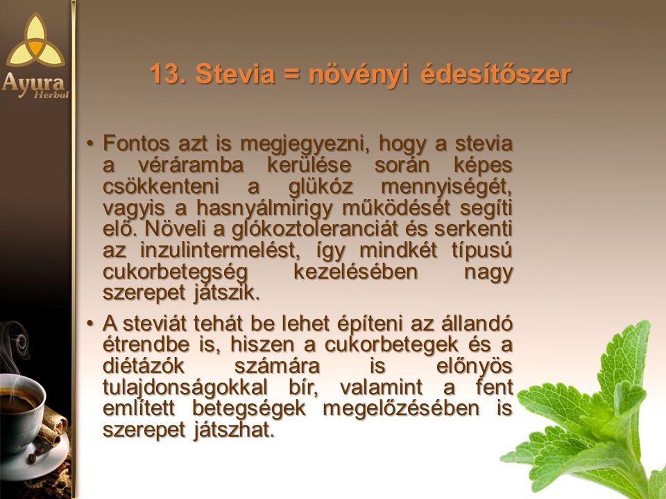 13. Stevia = növényi édesítőszer