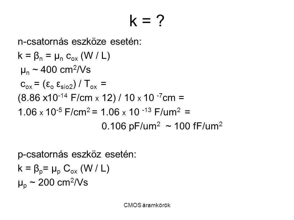 k = n-csatornás eszköze esetén: k = βn = μn cox (W / L)