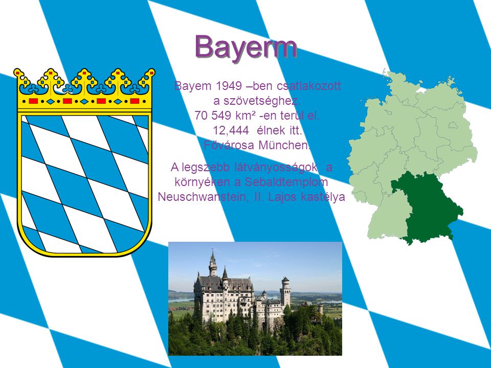 Bayerm Bayem 1949 –ben csatlakozott a szövetséghez km² -en terül el. 12,444 élnek itt. Fővárosa München.