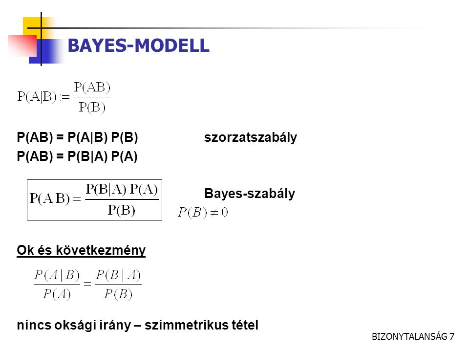 BAYES-MODELL P(AB) = P(A|B) P(B) szorzatszabály P(AB) = P(B|A) P(A)