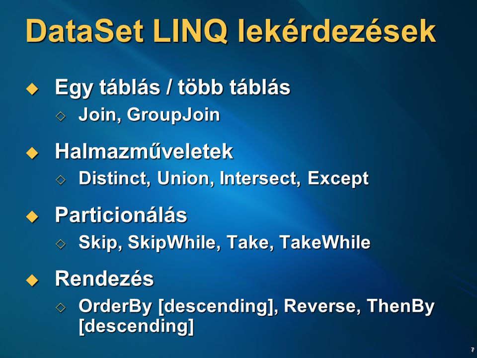 DataSet LINQ lekérdezések