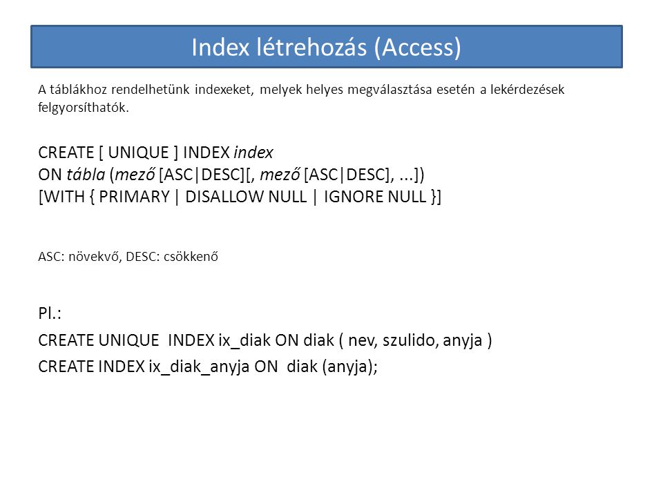 Index létrehozás (Access)