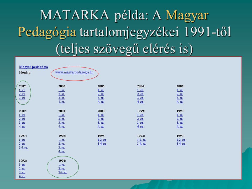 MATARKA példa: A Magyar Pedagógia tartalomjegyzékei 1991-től (teljes szövegű elérés is)