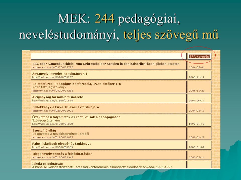 MEK: 244 pedagógiai, neveléstudományi, teljes szövegű mű