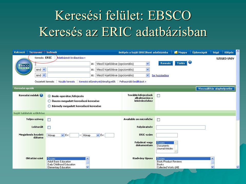 Keresési felület: EBSCO Keresés az ERIC adatbázisban