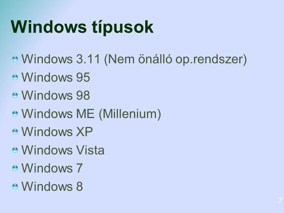 Windows típusok Windows 3.11 (Nem önálló op.rendszer) Windows 95