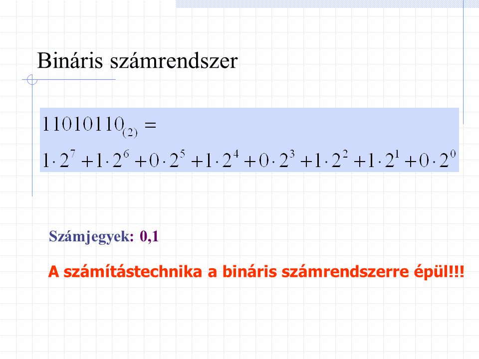 Bináris számrendszer Számjegyek: 0,1