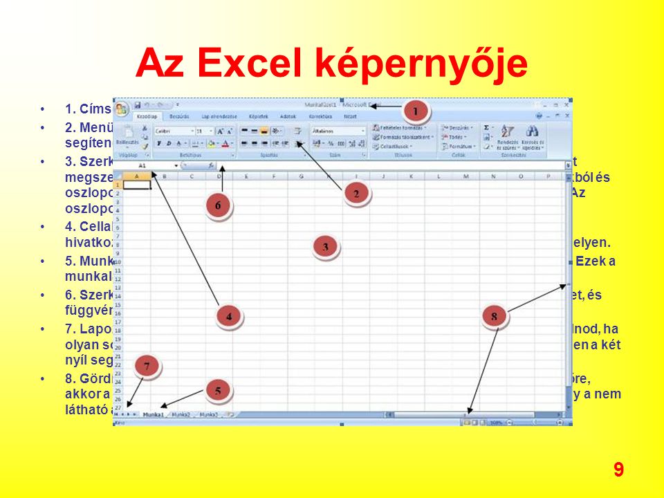 Az Excel képernyője 1. Címsor: A munkafüzet címét mutatja, és a program nevét, amivel megnyitottam.