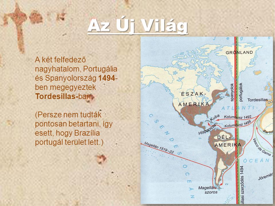 Az Új Világ A két felfedező nagyhatalom, Portugália és Spanyolország 1494-ben megegyeztek Tordesillas-ban.