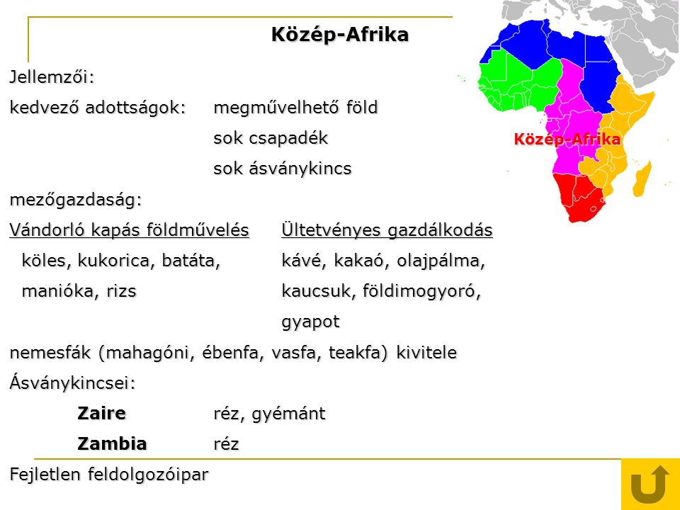 Közép-Afrika Jellemzői: kedvező adottságok: megművelhető föld