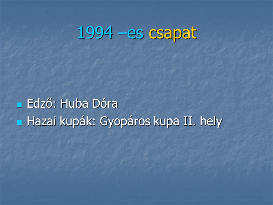 1994 –es csapat Edző: Huba Dóra Hazai kupák: Gyopáros kupa II. hely