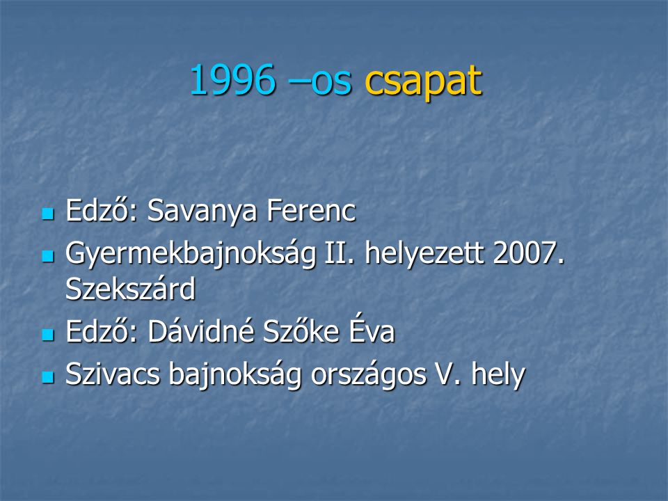 1996 –os csapat Edző: Savanya Ferenc